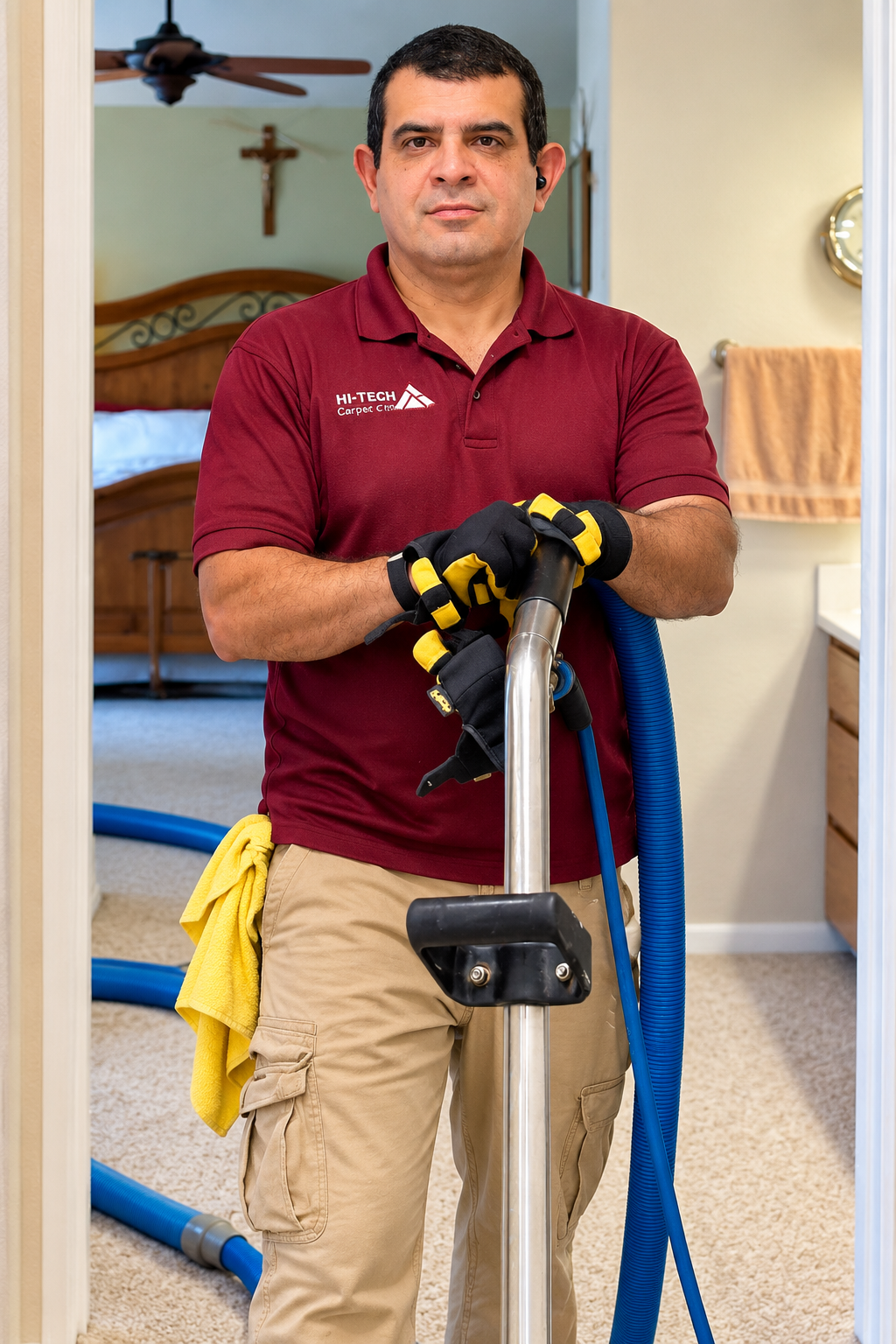 Alex Acosta with a professional carpet-cleaning wand and hoses